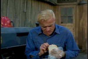 Bill feels inadequate because his main course is a peanut butter and jelly sandwich. 